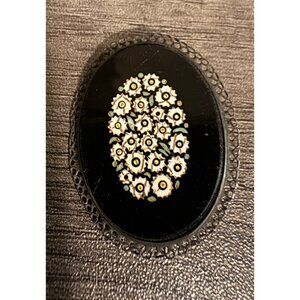 Vintage Micro Mosaic Floral Black Enamel Brooch/Pin In Sterling Silver Setting W